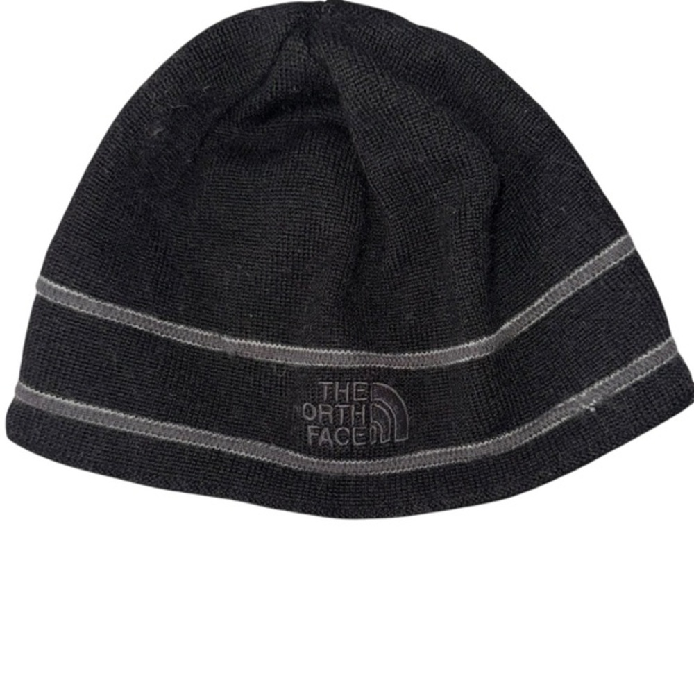 The North Face Black Knit Beanie with Gray Stripes merino‎ blend